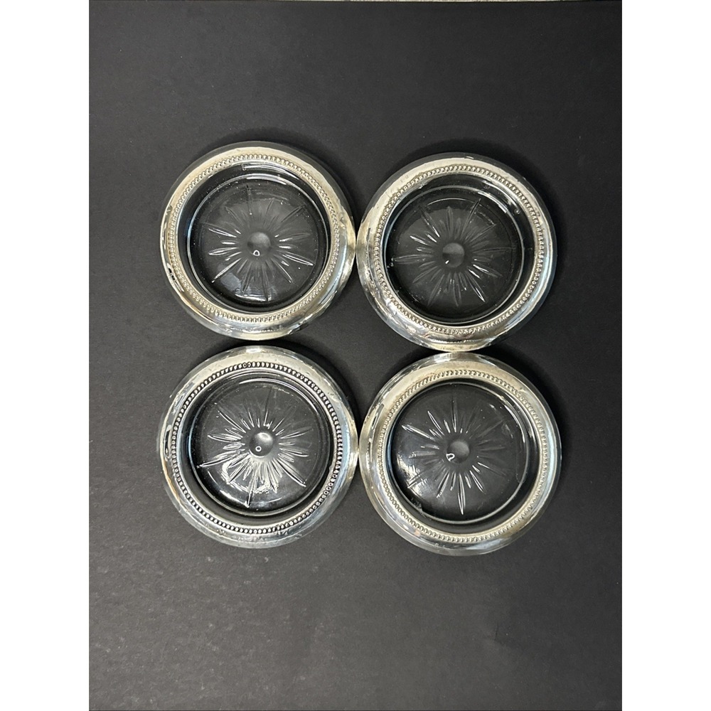 Set Of 4 B.I./ Frank M. Whiting STERLING SILVER Beaded Rim Coasters STARBURST